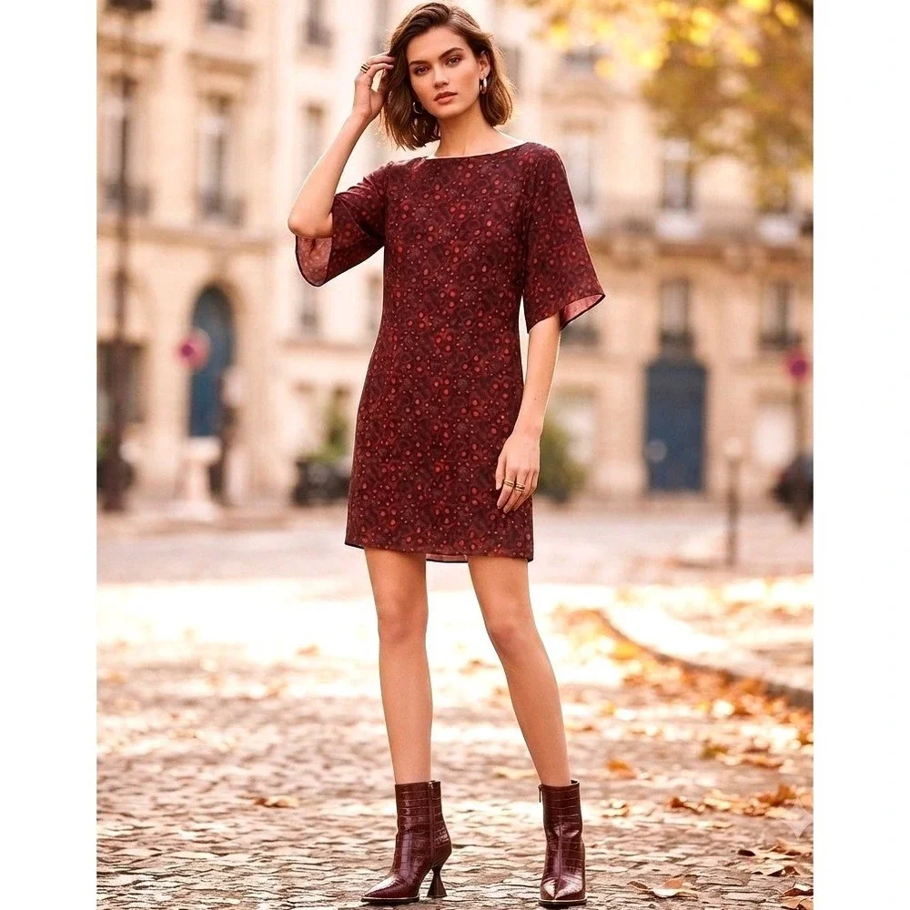 Alice + Olivia Kaleidoscope Silk Boat Shift Mini Dress Womens Burgundy Red EUC